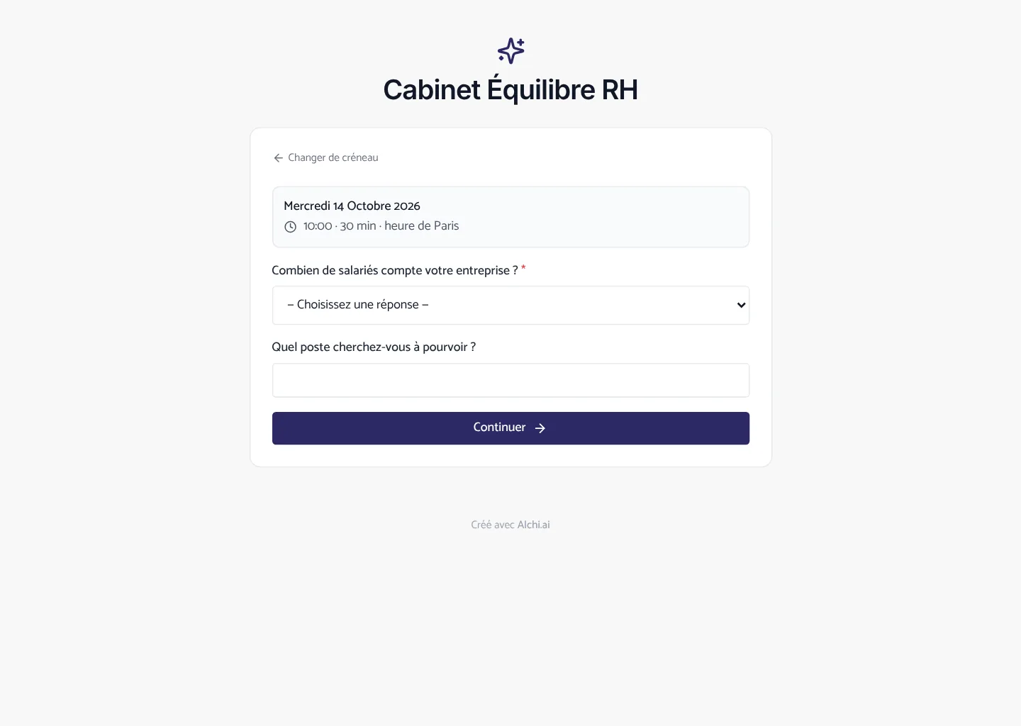 La page de réservation vue par le prospect : le créneau choisi, puis ses questions