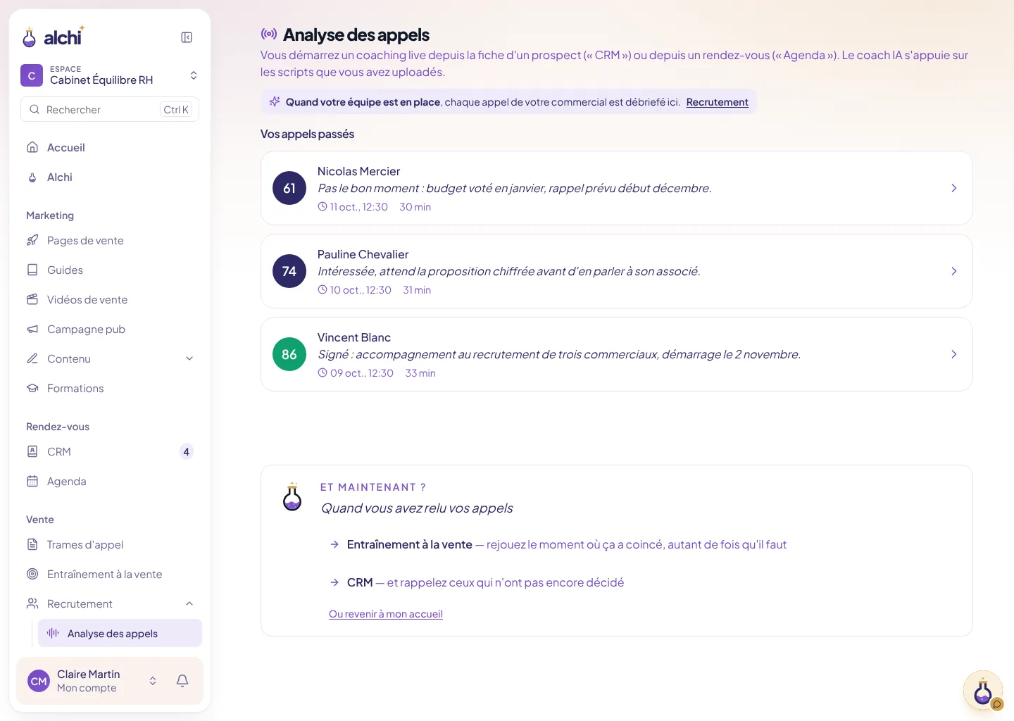 Analyse des appels : chaque appel passé, son score et son résumé