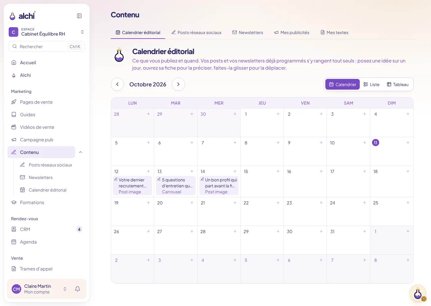 Le calendrier éditorial : les posts prévus, jour par jour