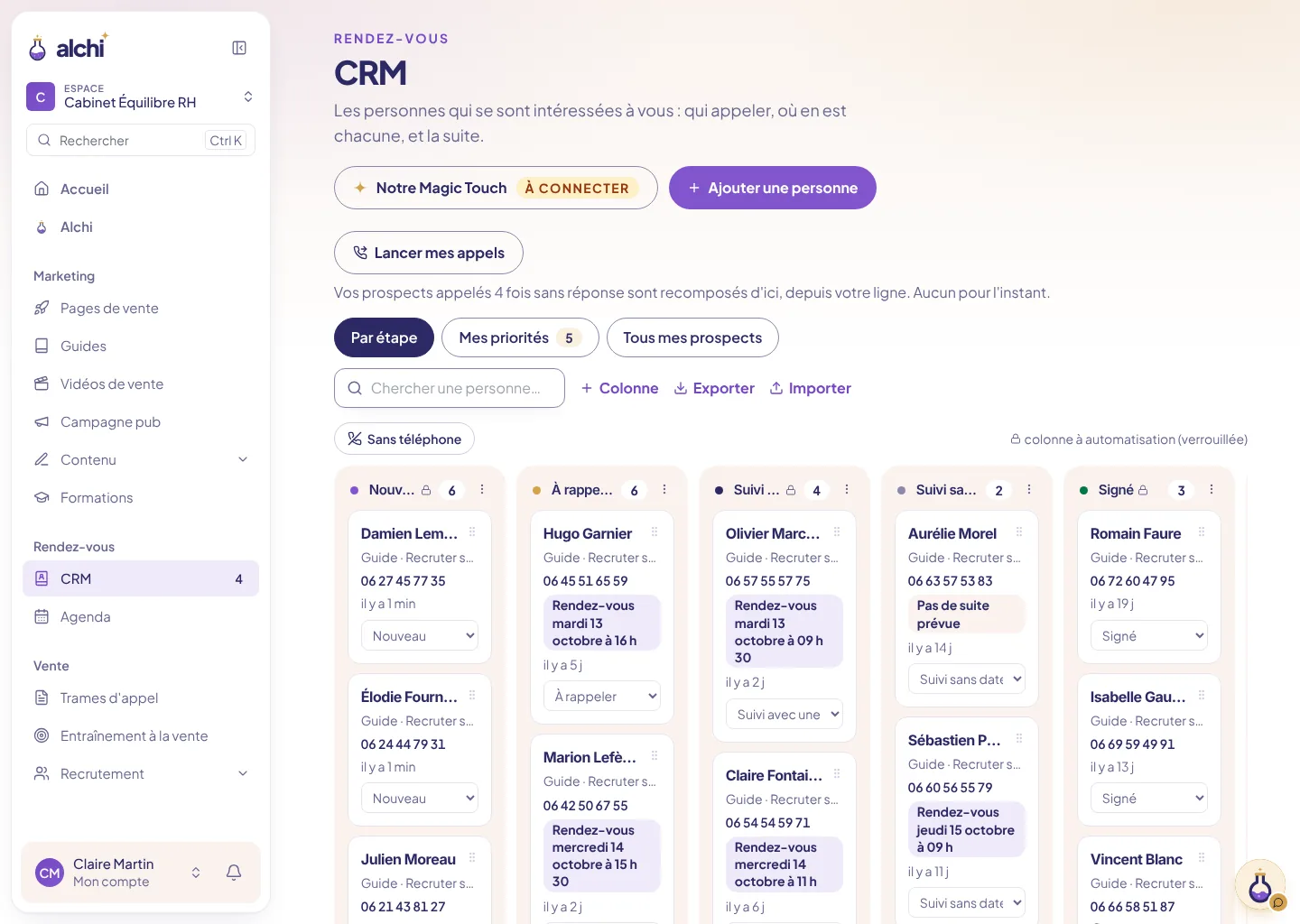 Le CRM d’Alchi : le pipeline des prospects, étape par étape