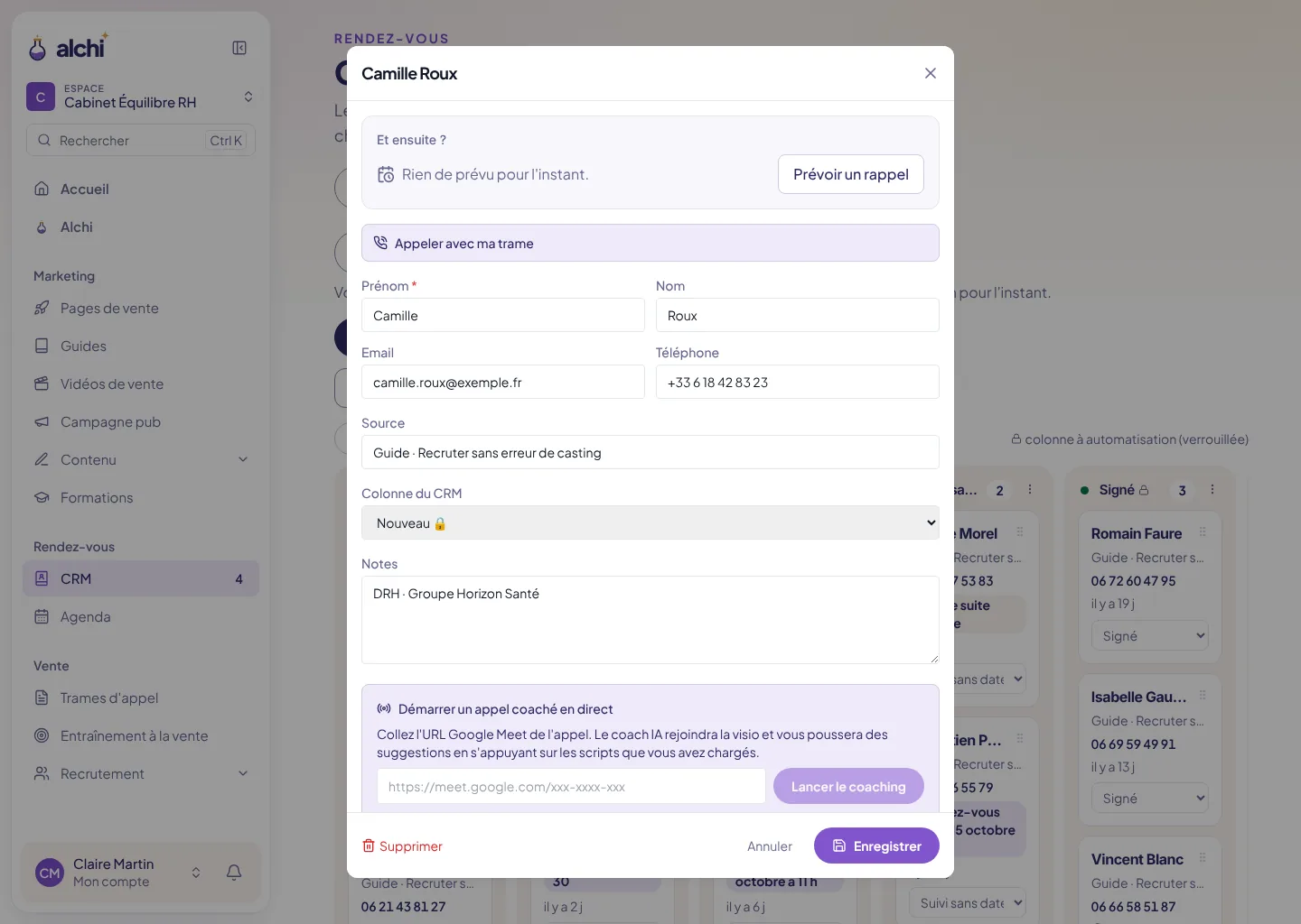 La fiche d’un prospect : coordonnées, notes et suite prévue