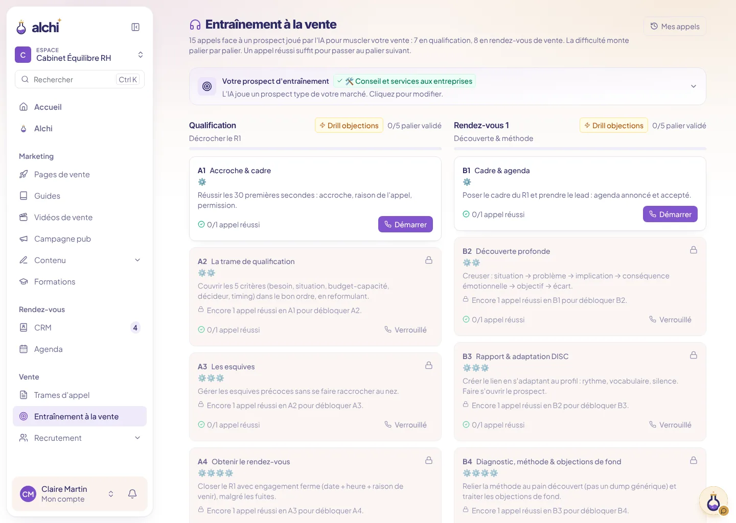 Entraînement à la vente : les appels face à un prospect joué par l’IA, palier par palier
