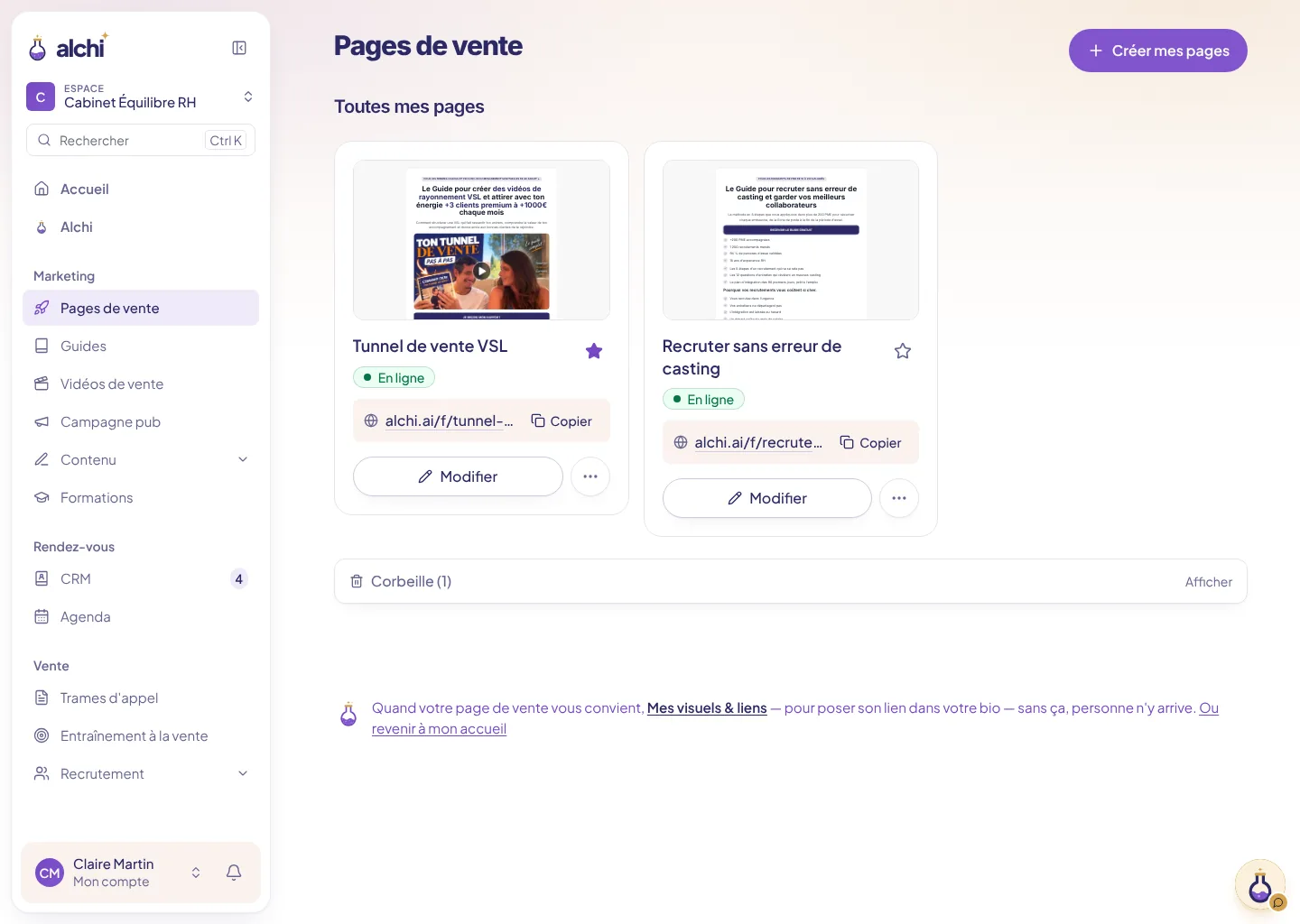 Mes pages de vente : les pages en ligne, et un bouton pour en créer